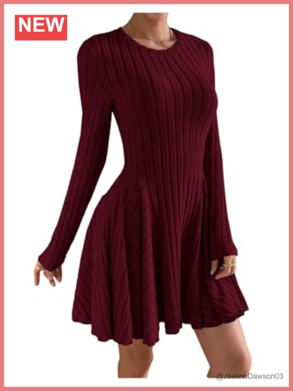 Winkbay Women's Long Sleeve A-Line Ribbed Knit Mini Sweater Dress